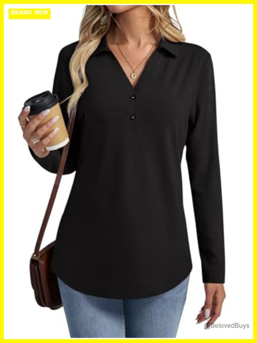 V Neck Polo Shirt Collared Henley Long Sleeve Tunic Top Casual